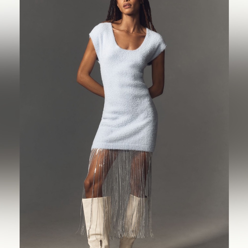 *By Anthropologie Sky Blue Fringe Trim Sweater Dress